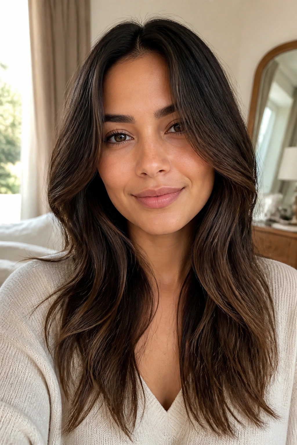 Close-up portrait of a real woman with long curtain layers and center part