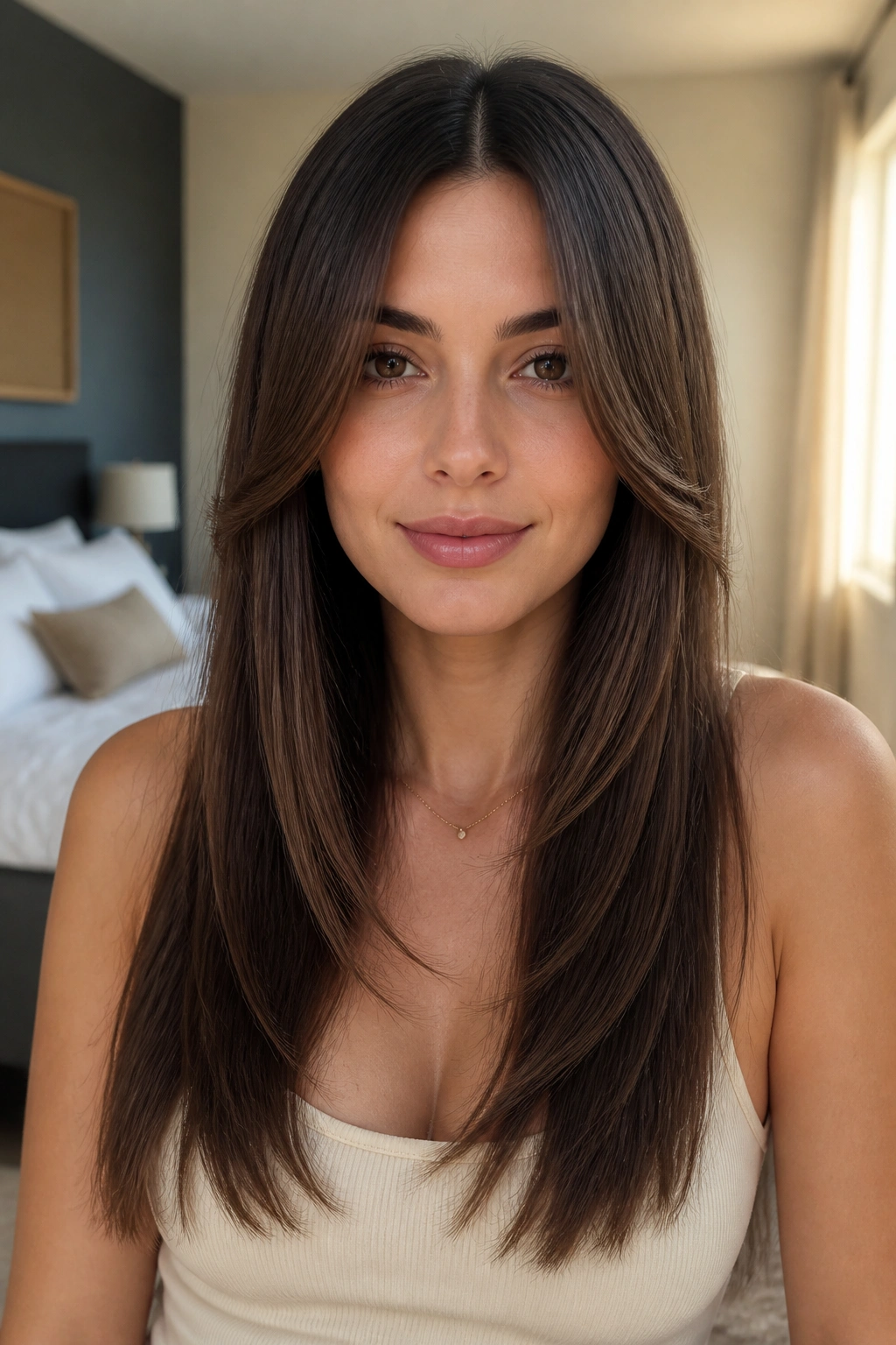 Close-up portrait of a real woman with curtain layers around a center part in long straight hair.