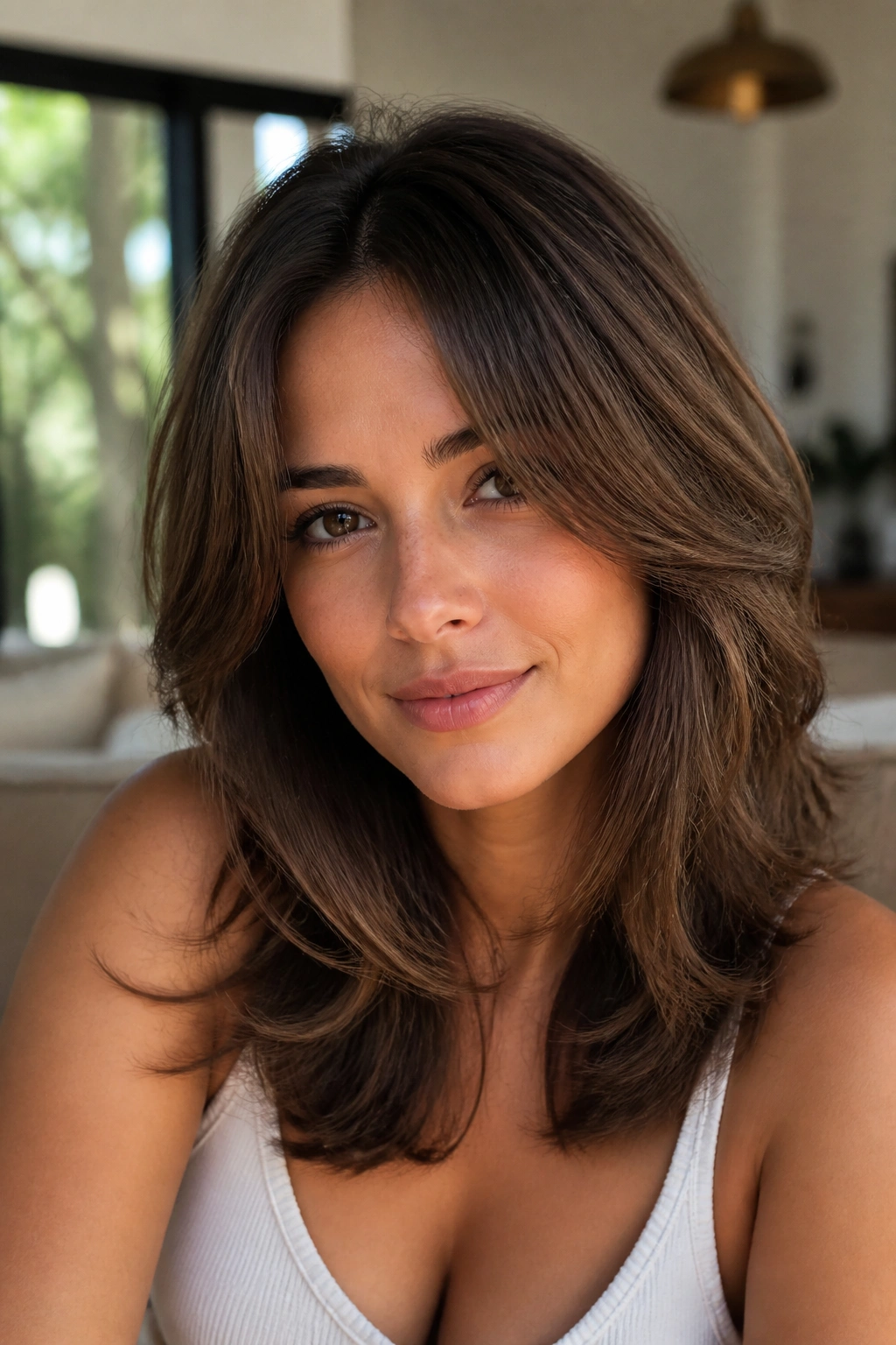 Close-up of a real woman with curtain layers opening up her face in soft light.