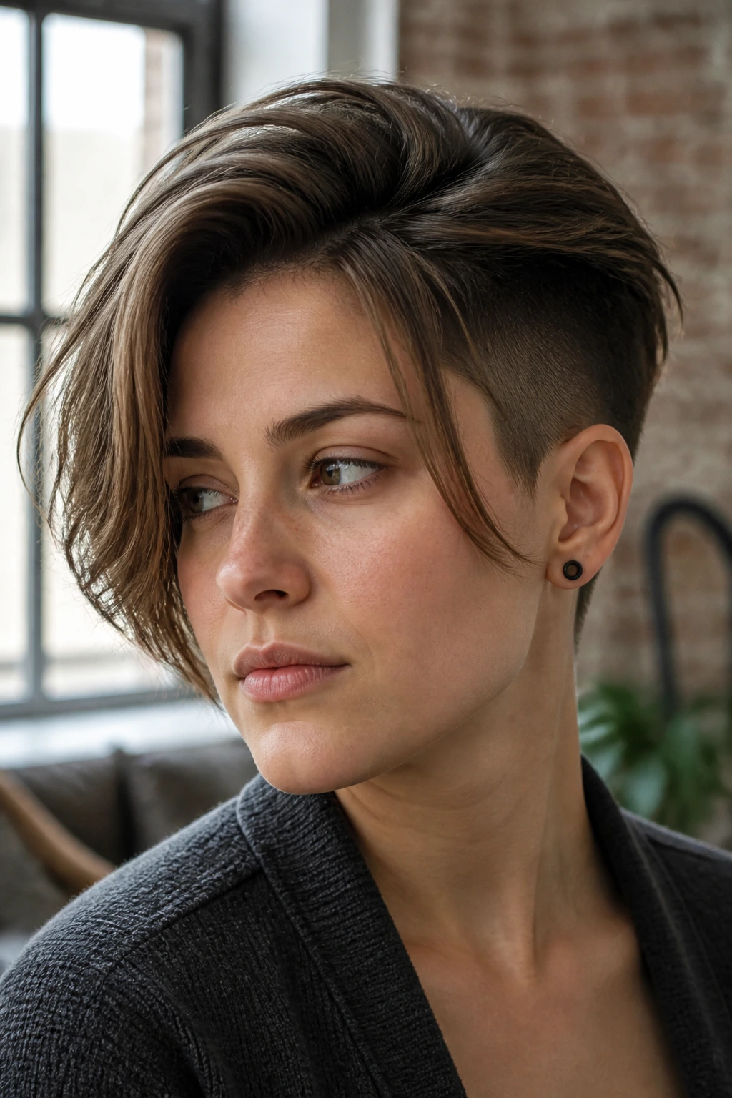 Portrait of person with curtain layers and off-center part in soft natural light