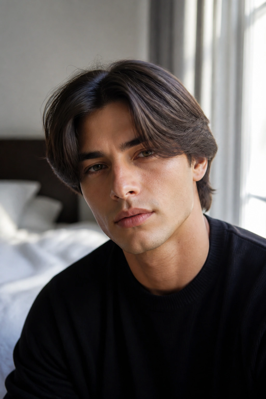 Close-up portrait of a man with curtain layers hairstyle and center-part straight hair.