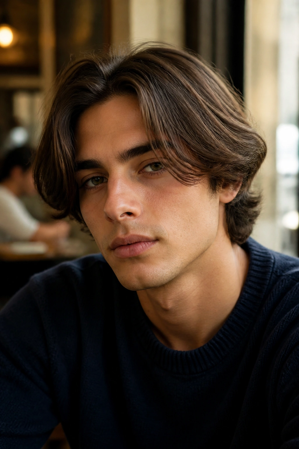 Close-up portrait of a man with curtain-part bob hair framing the face in two panels.