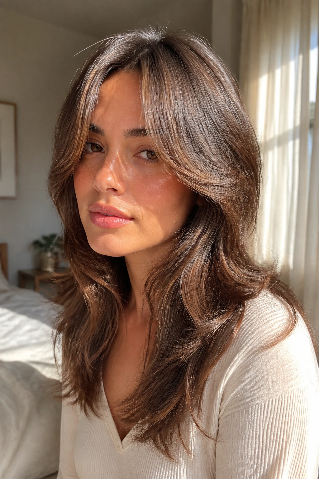 Close-up of a real woman with a long curtain shag that skims the cheeks in warm natural light