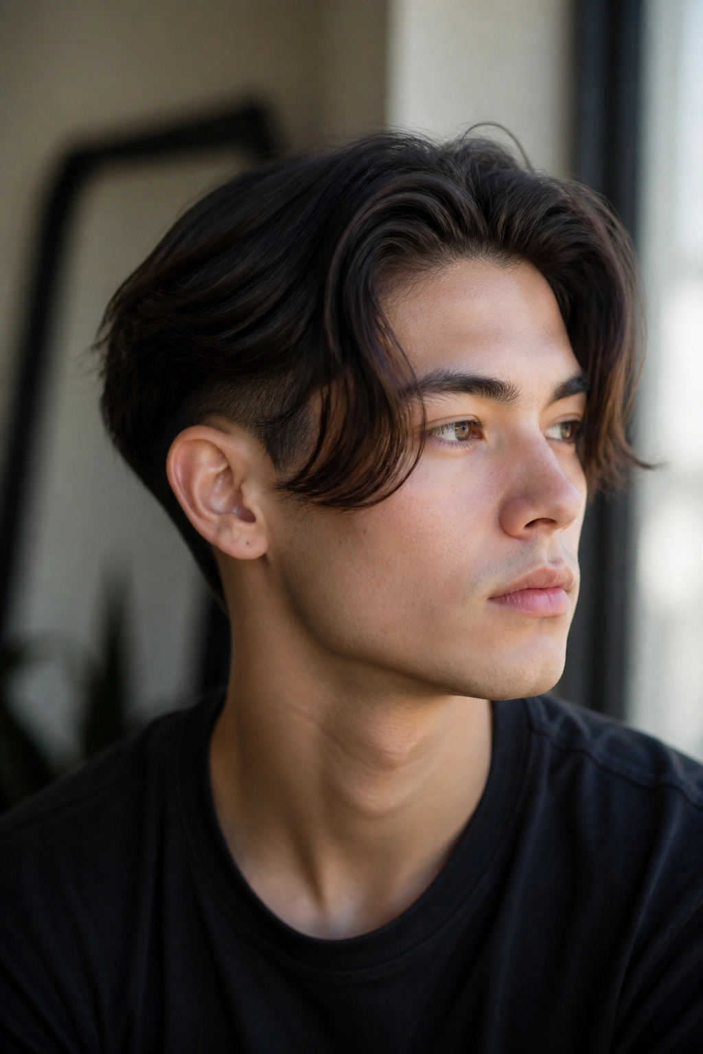 Portrait of a person with curtain undercut and a long top parted at center.