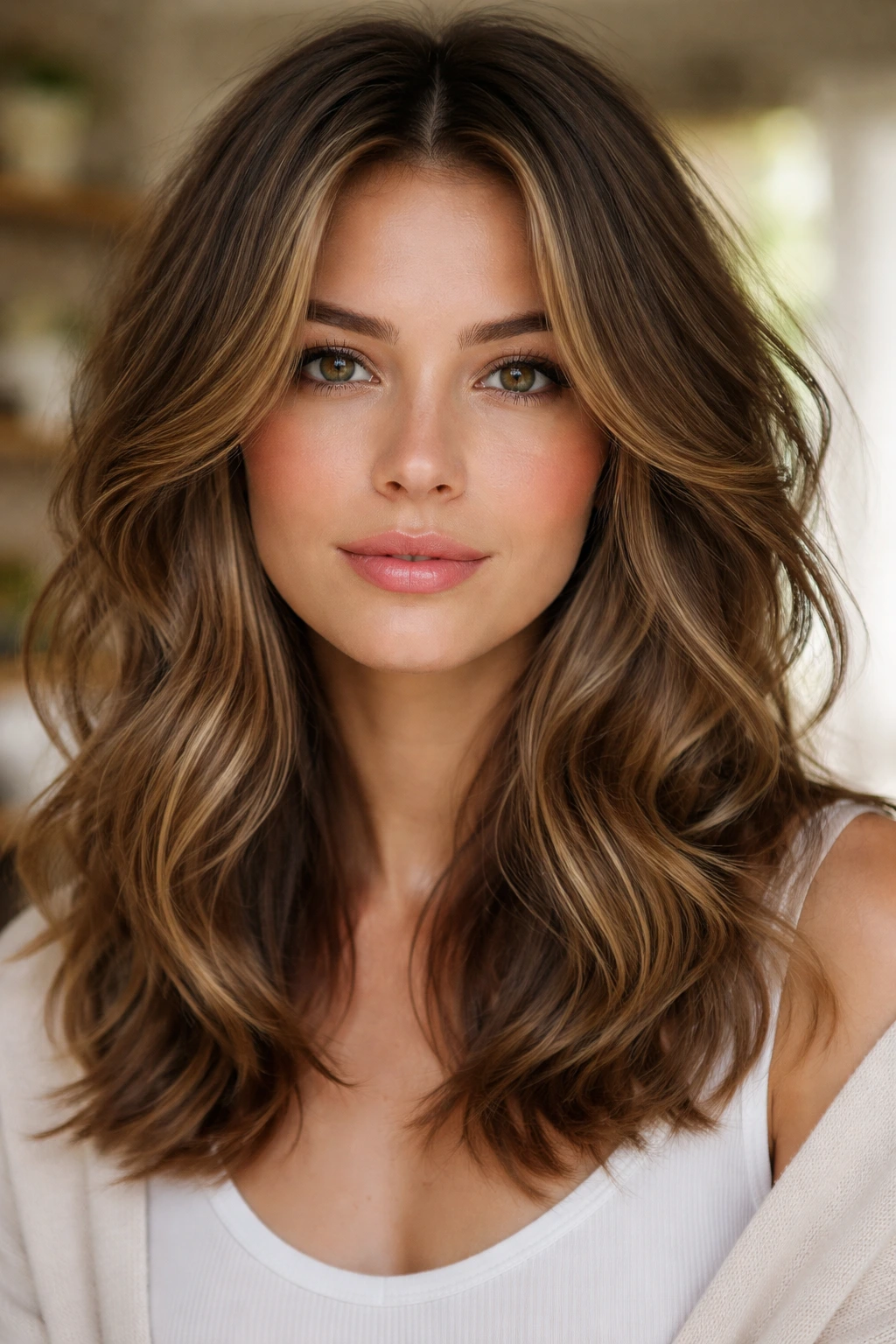Portrait of a woman with face-framing curtain waves.