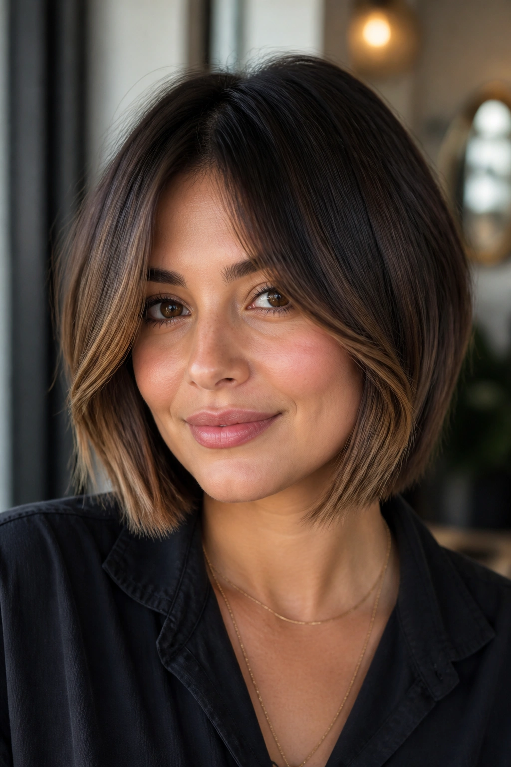 Close-up of a real woman with curtain bangs and hazelnut highlights starting low