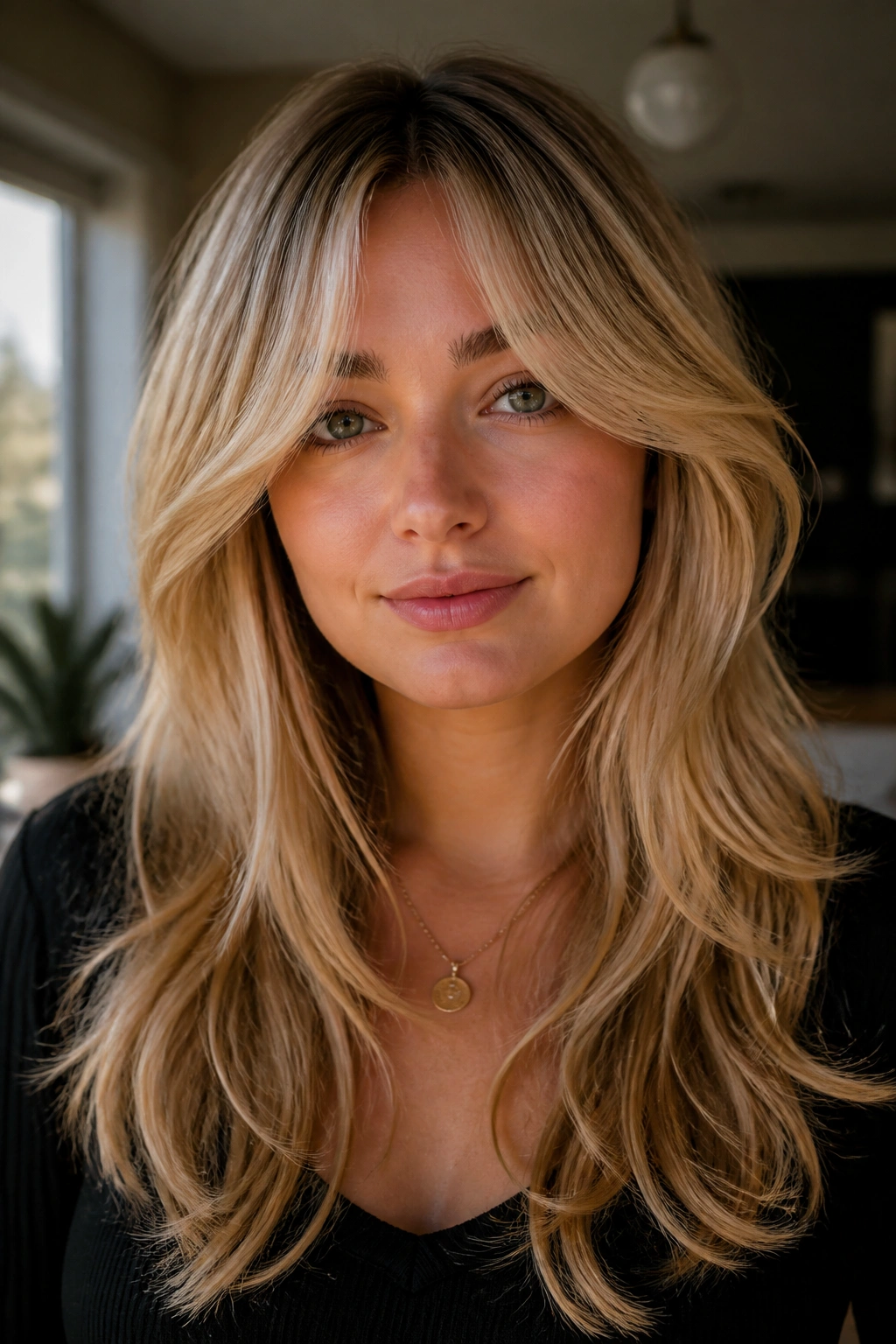 Close-up of a real woman with curtain bangs and long blonde layers for a round face