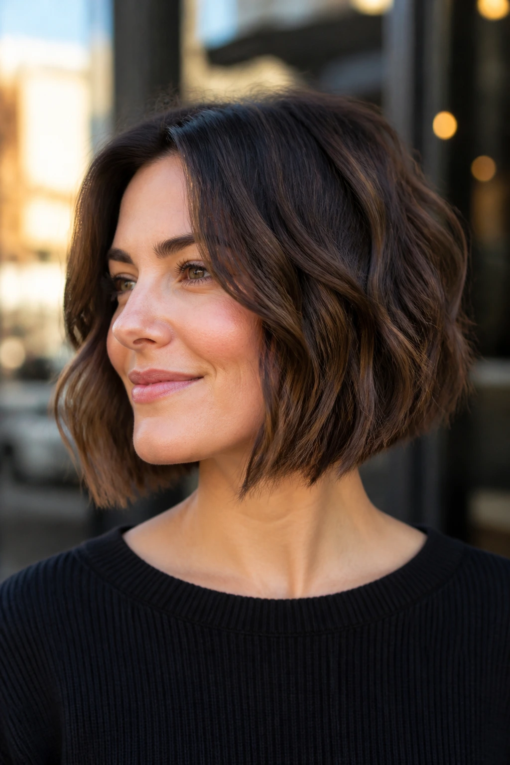 Close-up of a real woman with curved A-line bob and jaw-grazing front length
