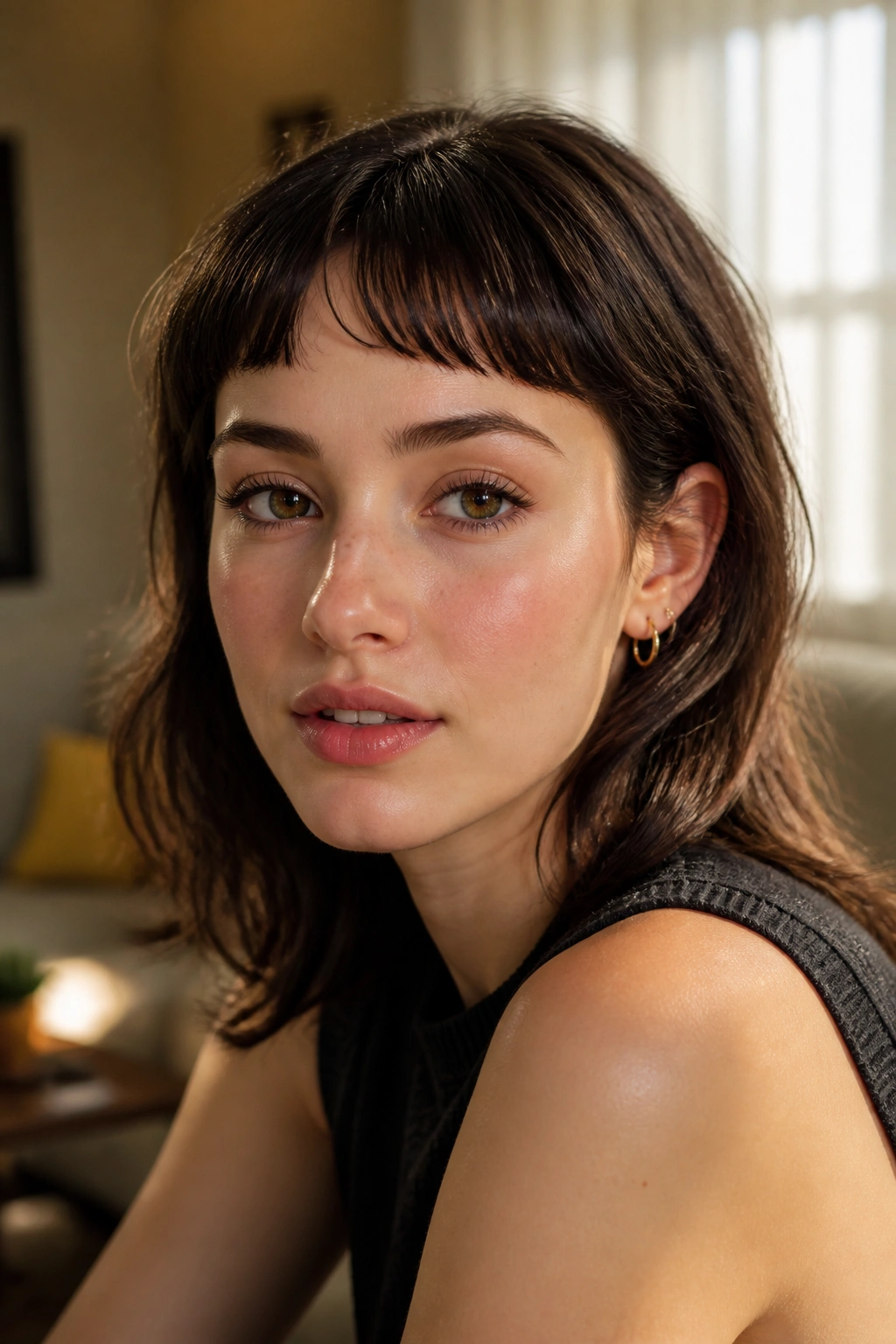 Close-up of a real person with curved baby bangs following the brow line