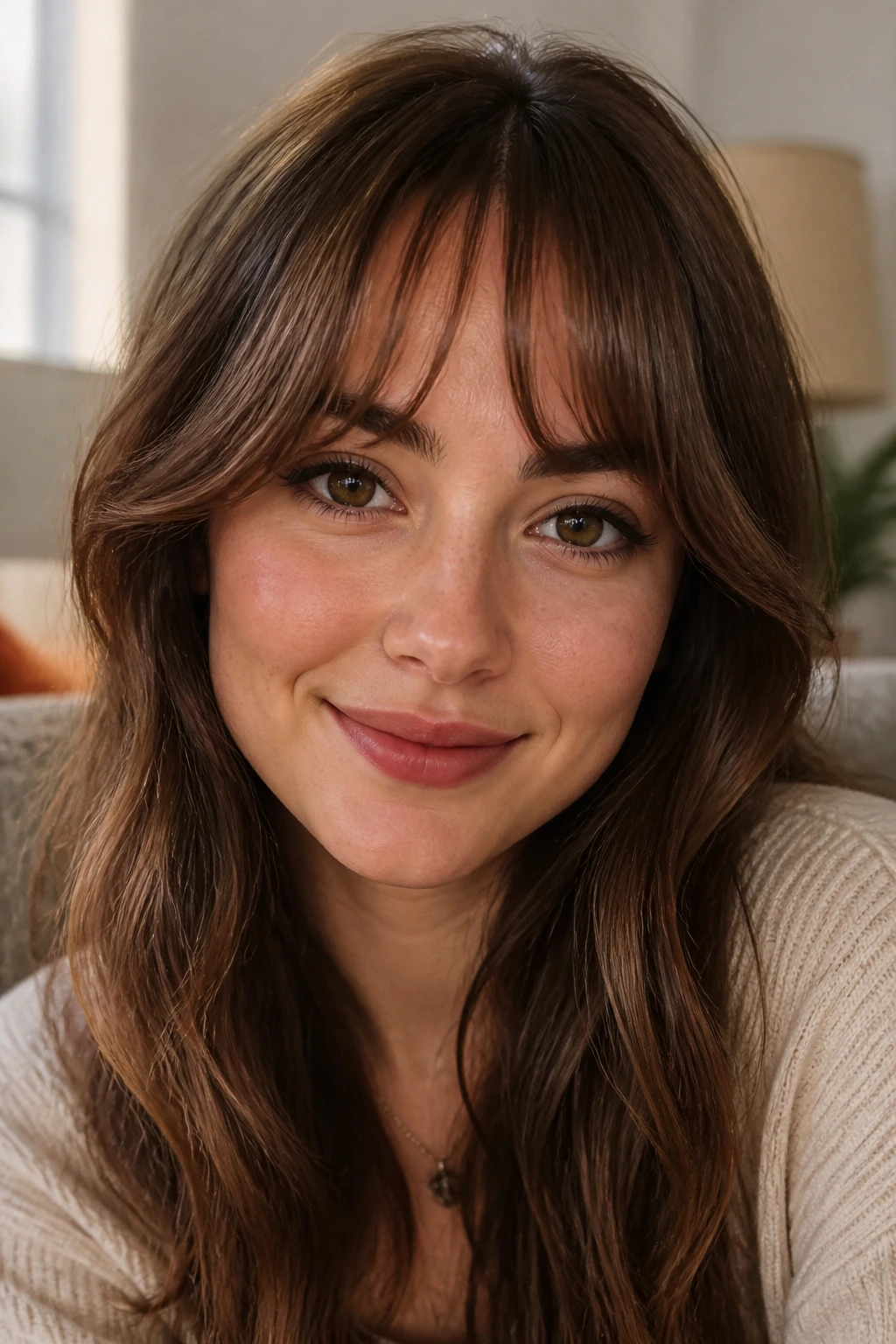 Portrait of a woman with curved bangs following the brow shape