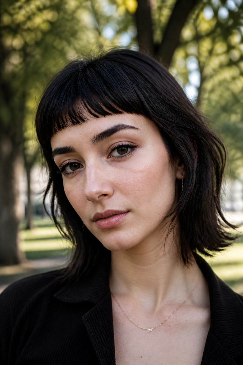 Close-up of a real woman with curved micro bangs following the brow line outdoors