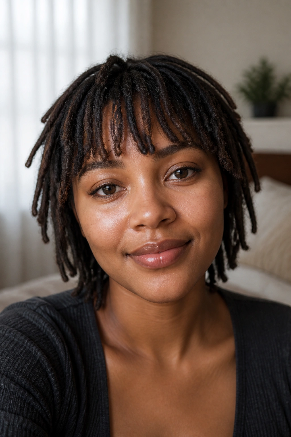 Close-up of a person with curved loc bangs above the brows.