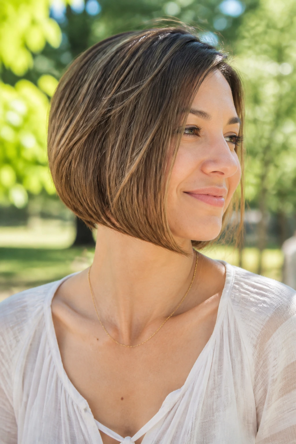 Close-up portrait of a real woman with a curved bob featuring a soft C-shape.