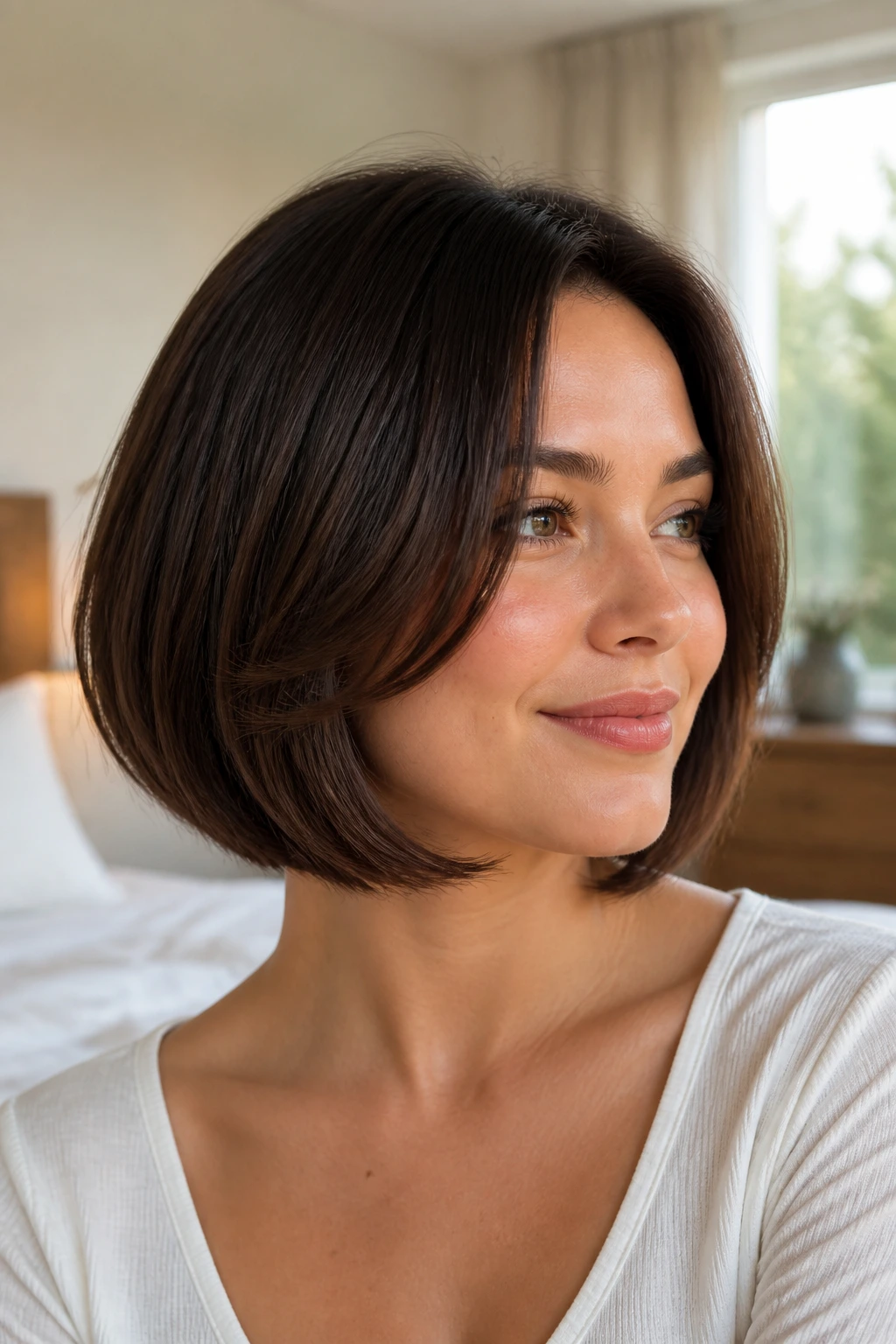 Portrait of brunette with curved bob forming a C-shape.