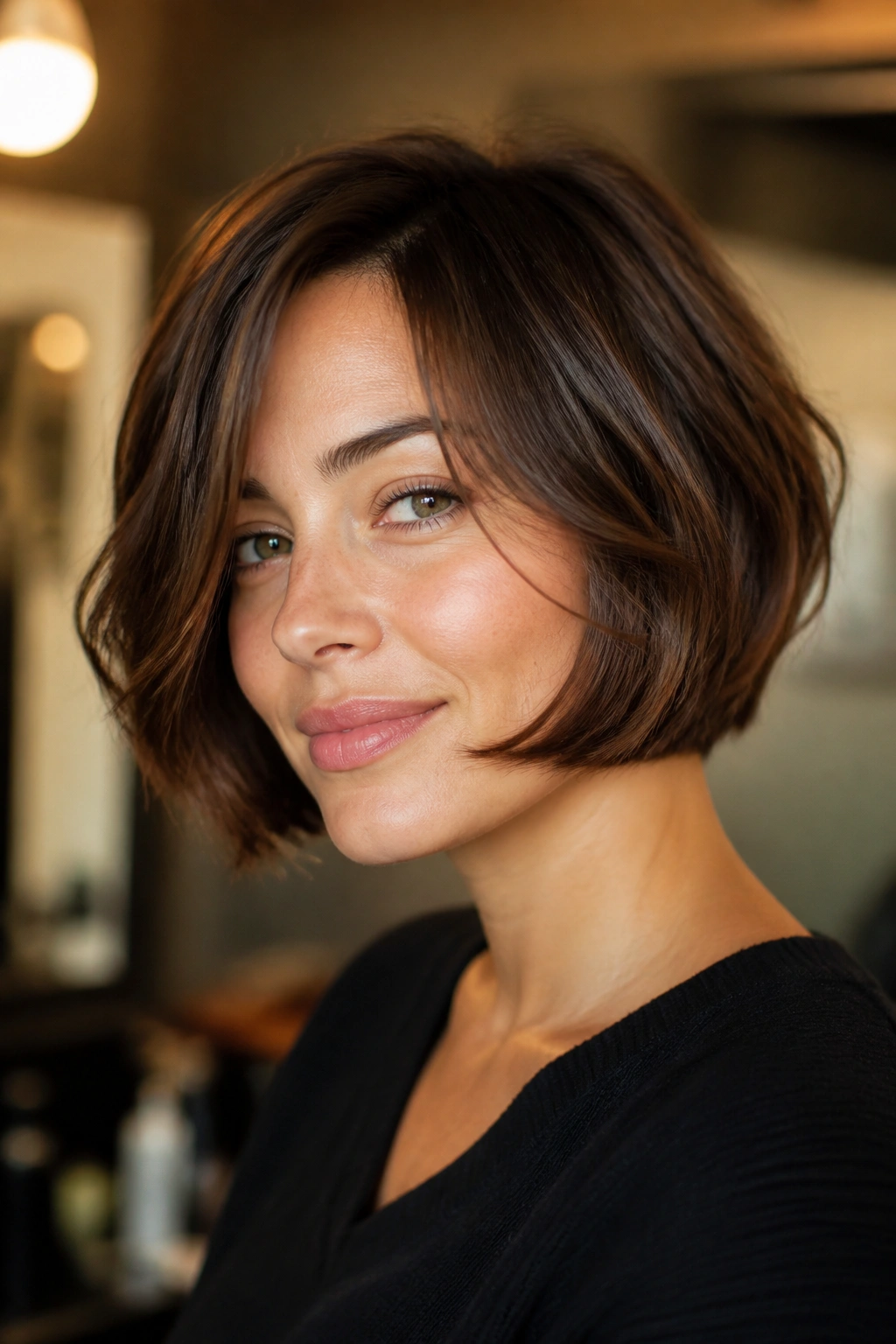 Close-up of a real woman with a curved bob and cheekbone-grazing layers