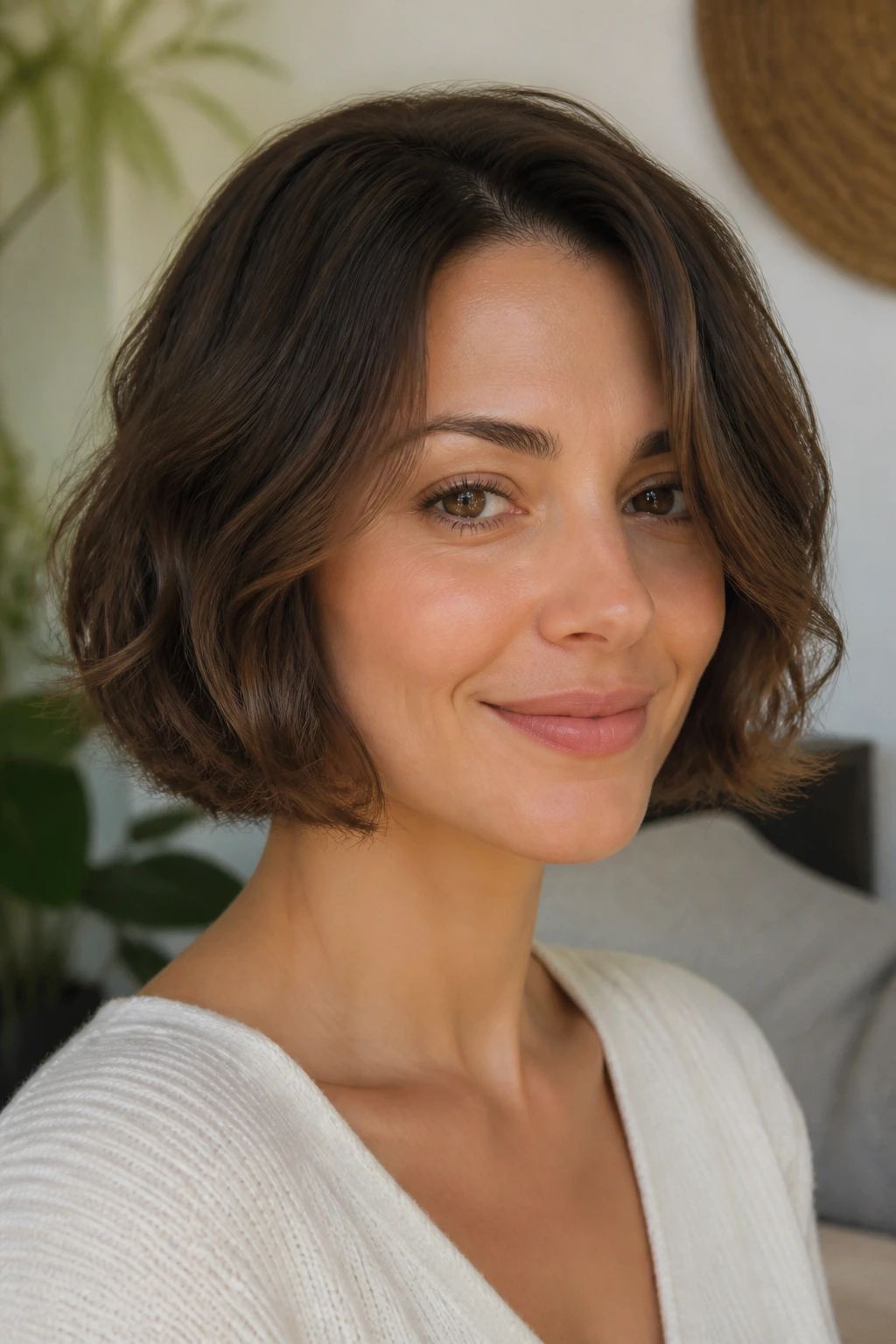 Close-up of a real woman with curved bob and internal layers