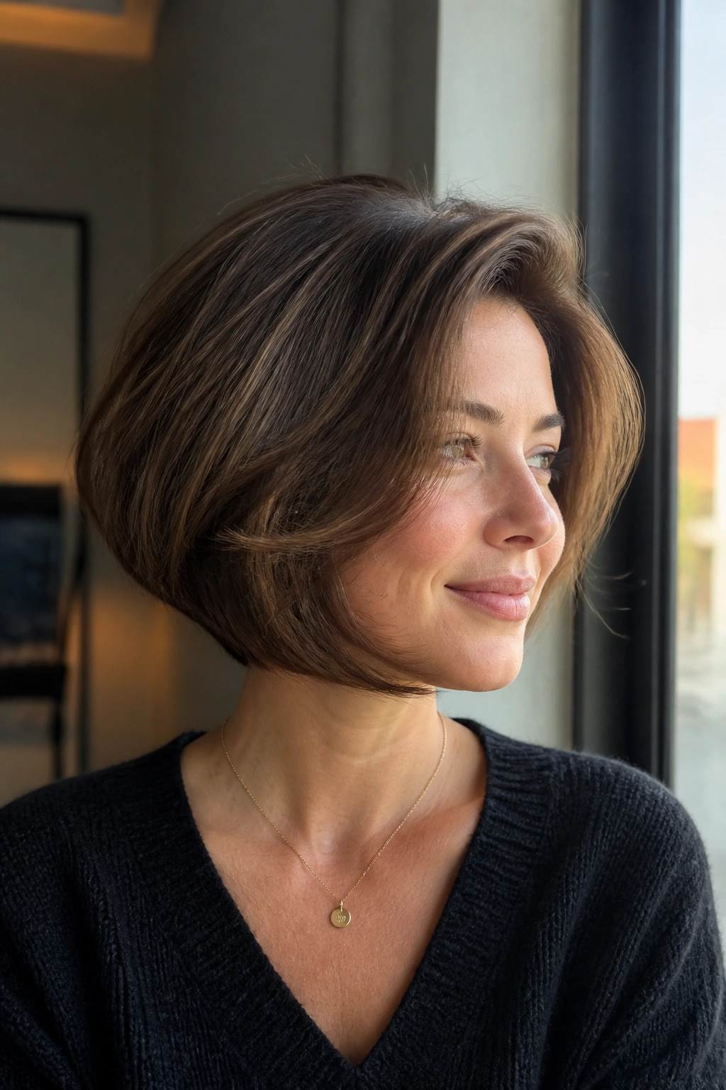 Real person with curved bob showing internal lift near the crown.
