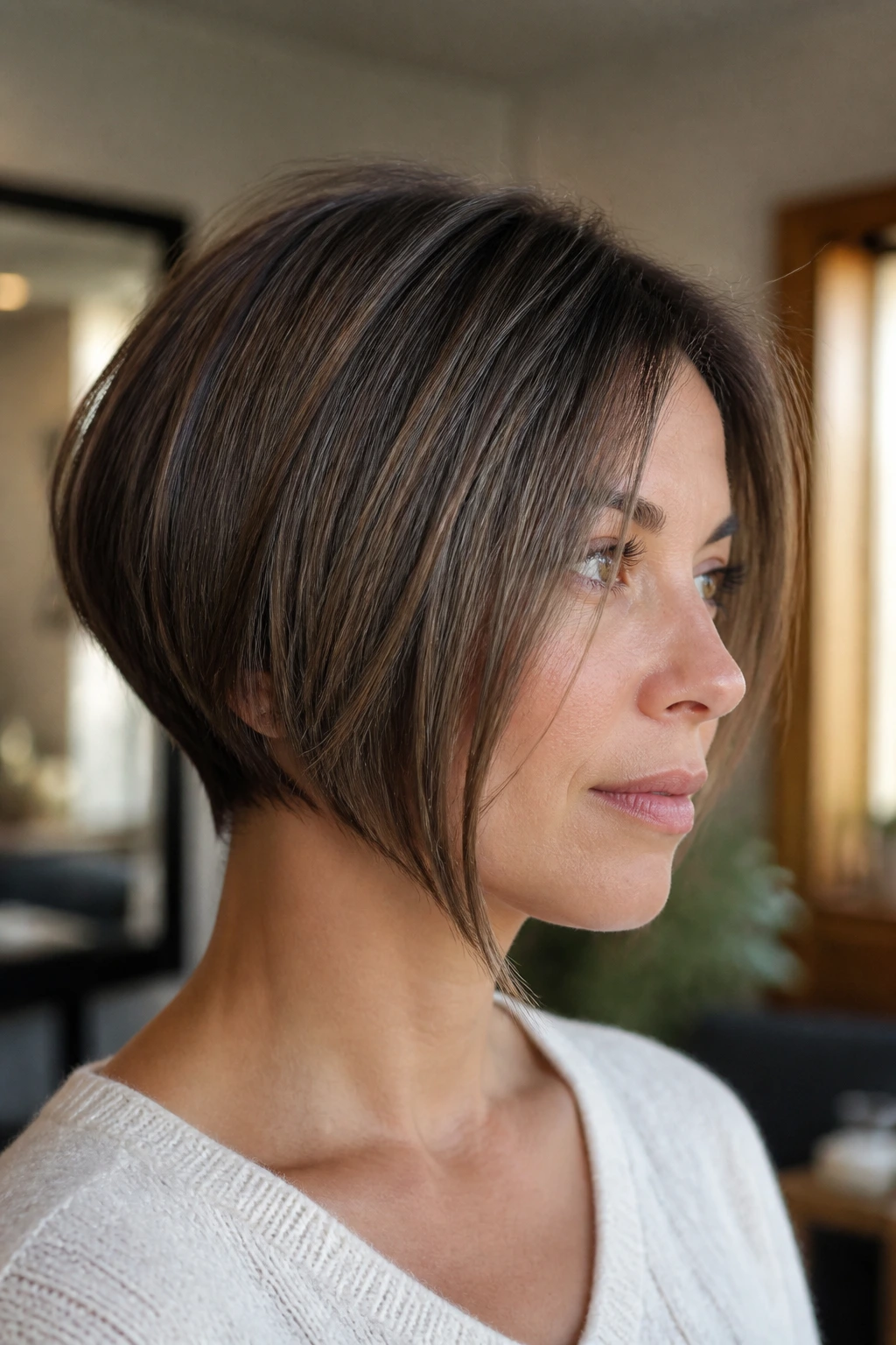 Real woman with curved bob and longer front pieces framing the face.
