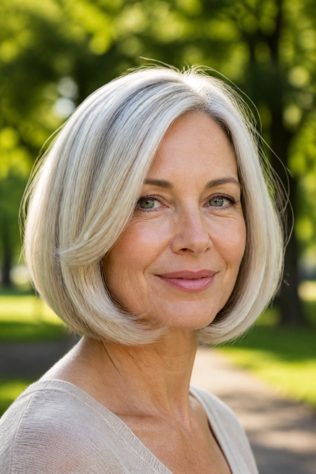 Close-up of a real woman with a curved bob and swoopy ends