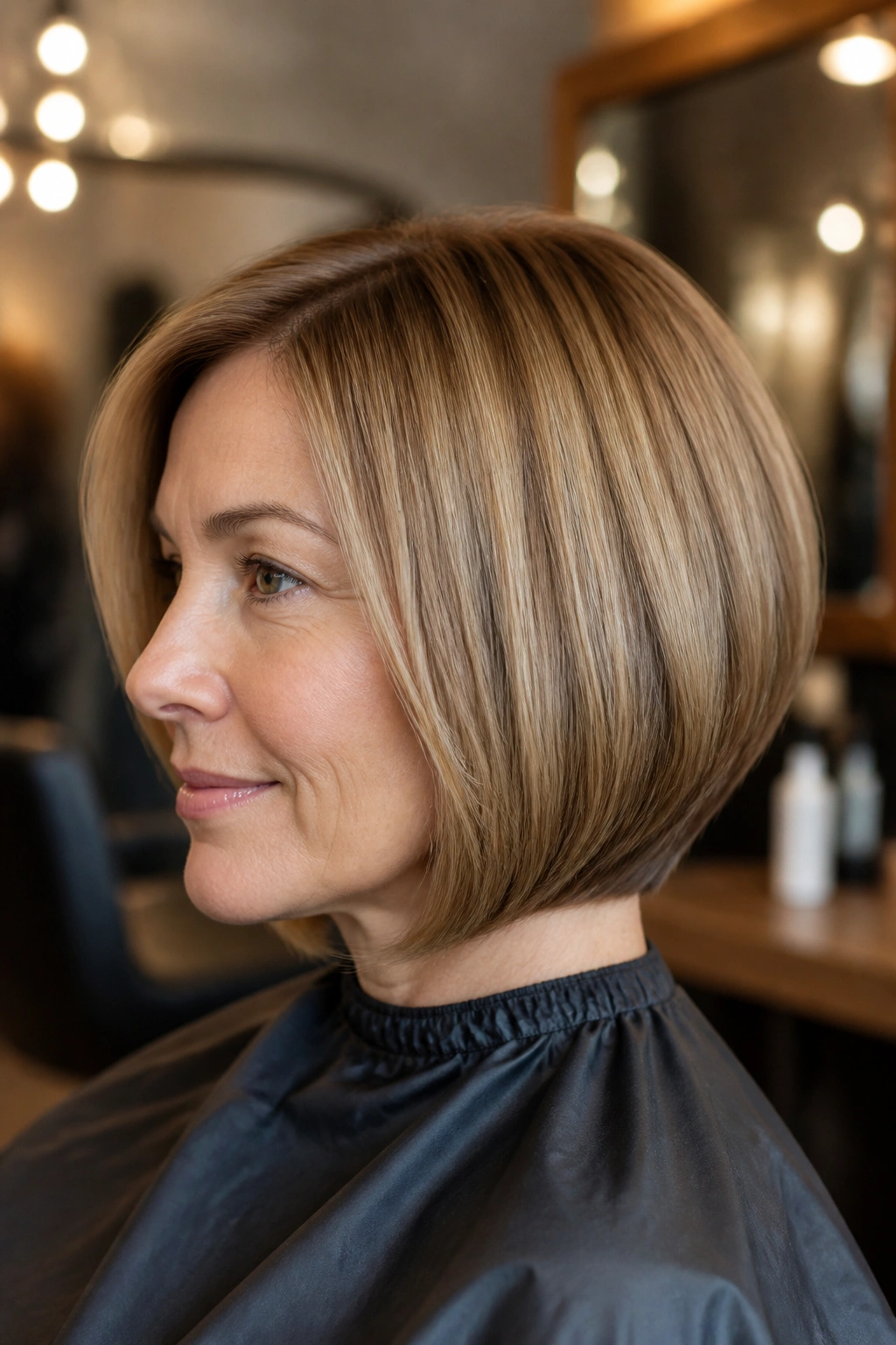 Close-up of a real woman with curved bob and tucked-under bevel