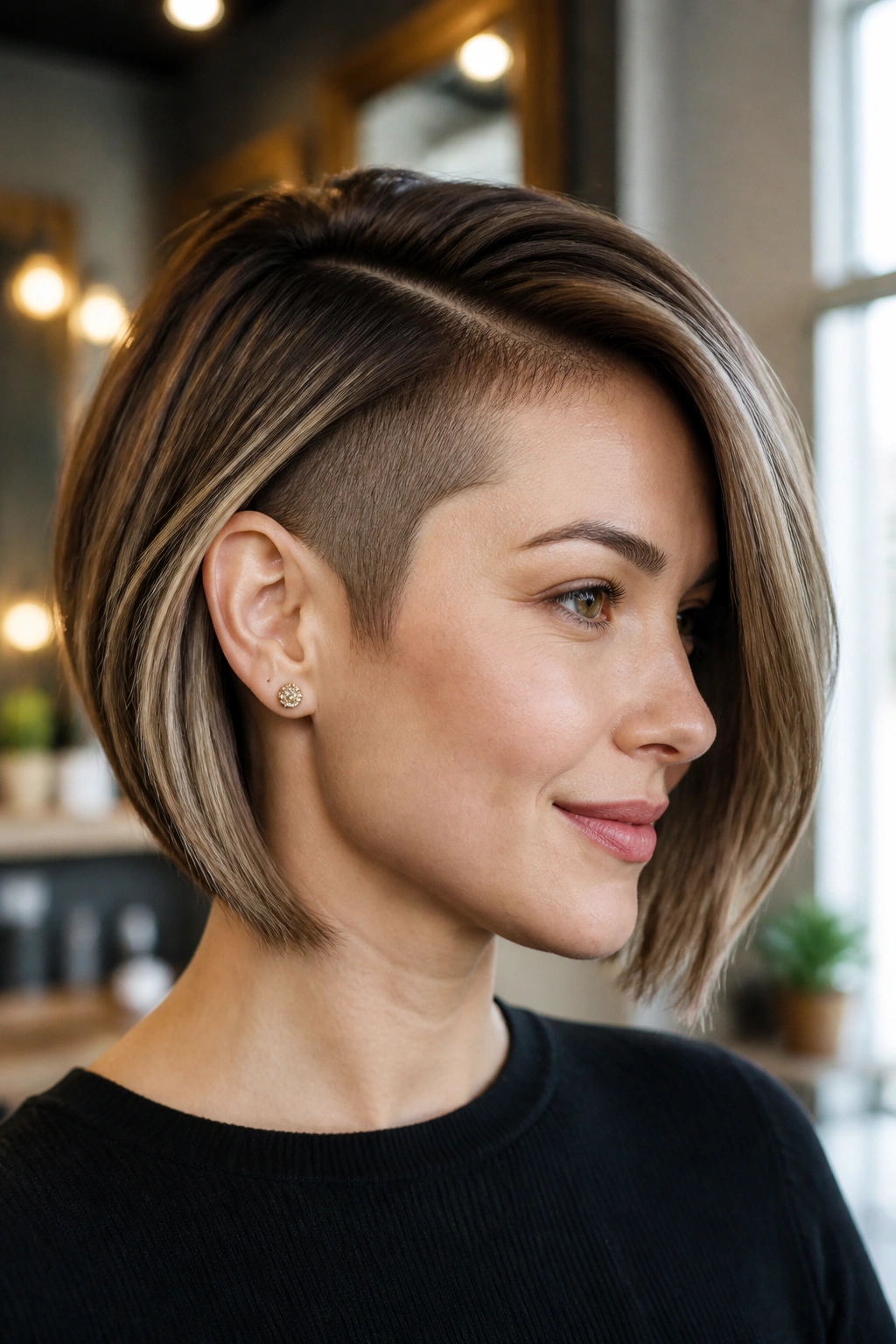 Close-up of a real woman with a curved bob and a discreet temple undercut