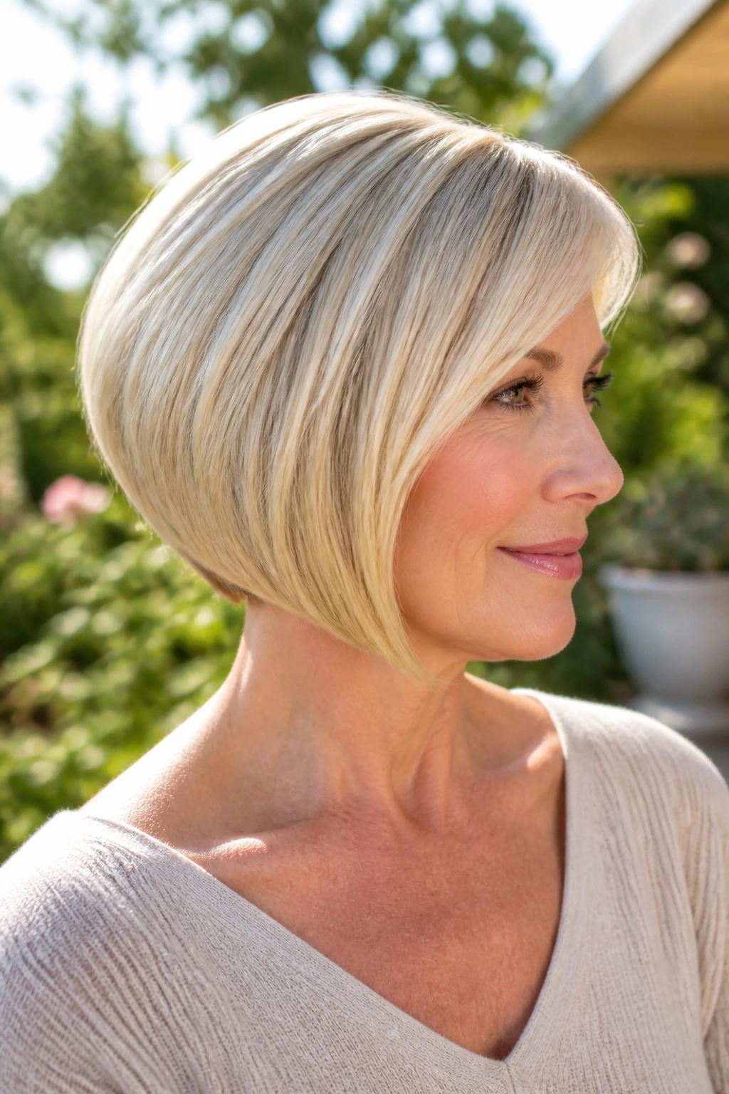 Close-up of a woman with a curved bob and vanilla blonde