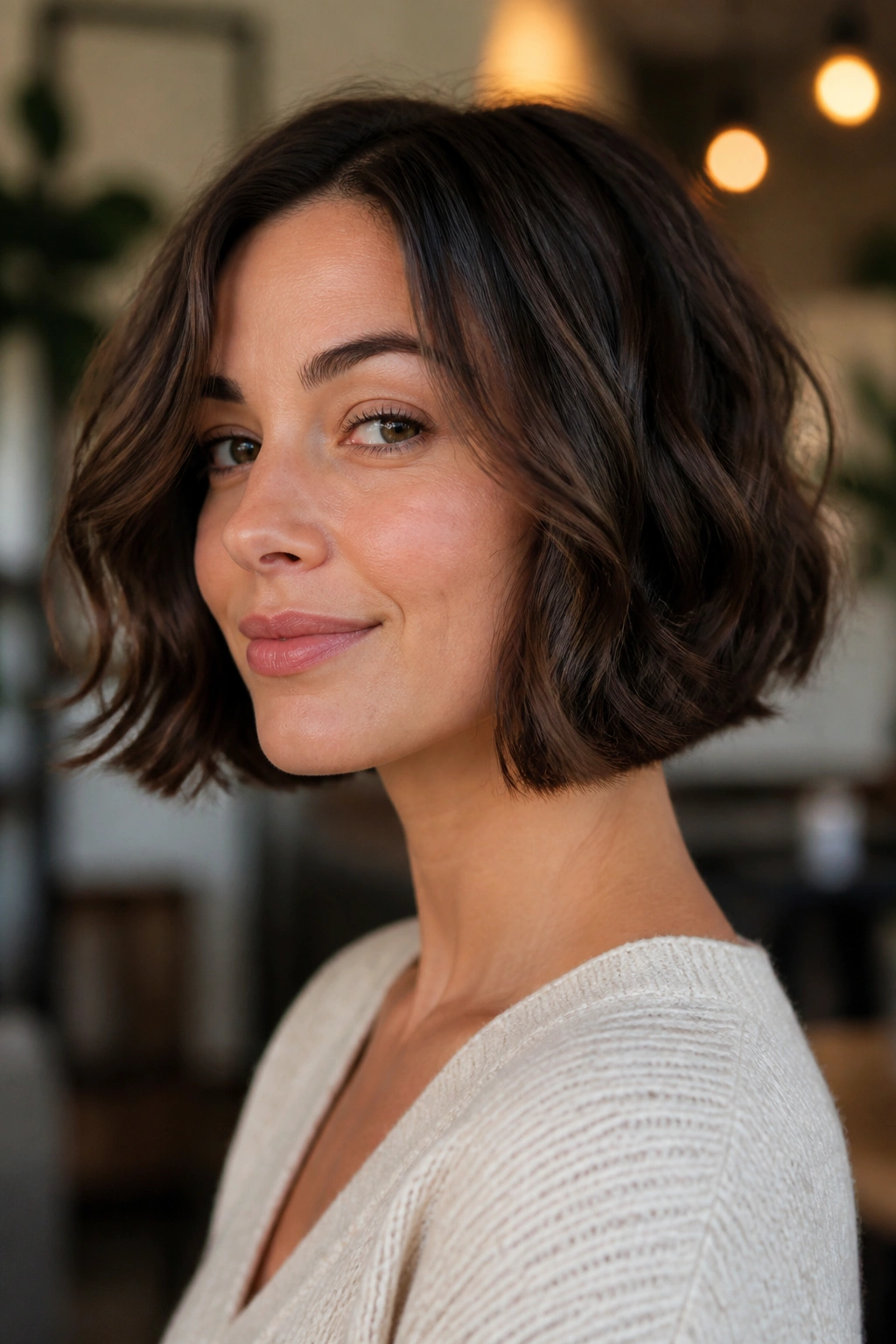 Close-up portrait of a real woman with a curved bob and soft ends on wavy hair.