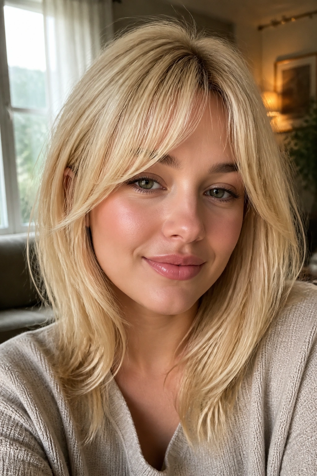 Real-person close-up with curved bottleneck fringe in creamy blonde