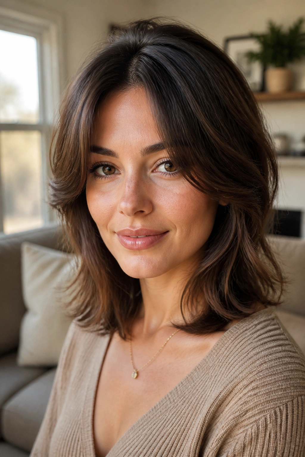 Close-up of a real woman with curved C-shape curtain bangs in a sunlit living room