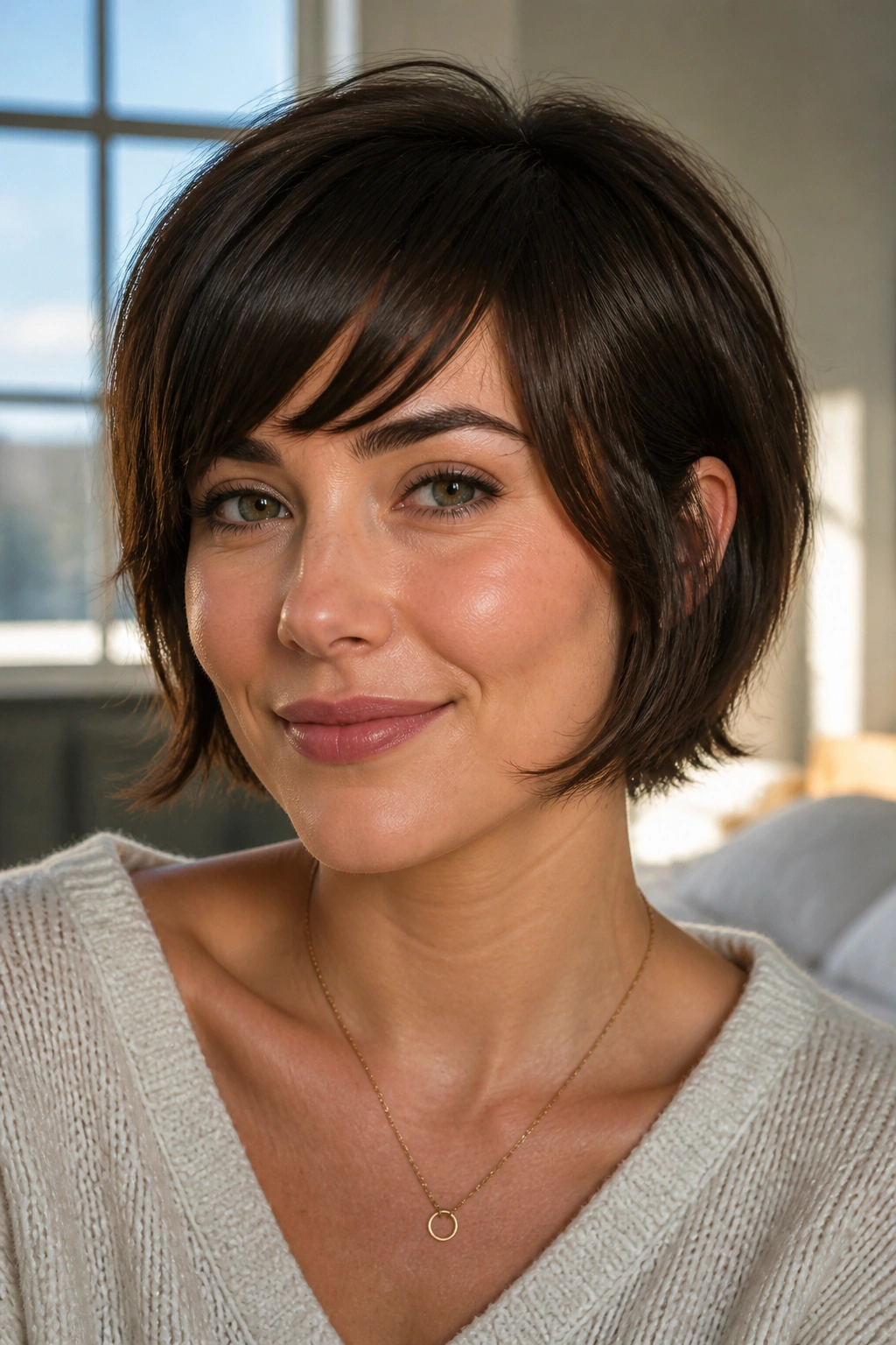 Close-up portrait of a person with curved cheekbone skimmer bangs arcing along the cheekbone