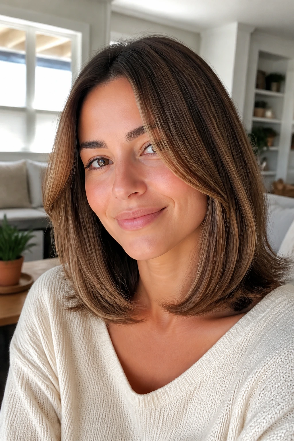 Close-up of a real person with a curved clavicut hairstyle.