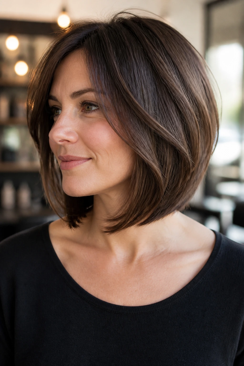 Close-up of a real woman with curved collarbone bob showing internal layers in warm salon light