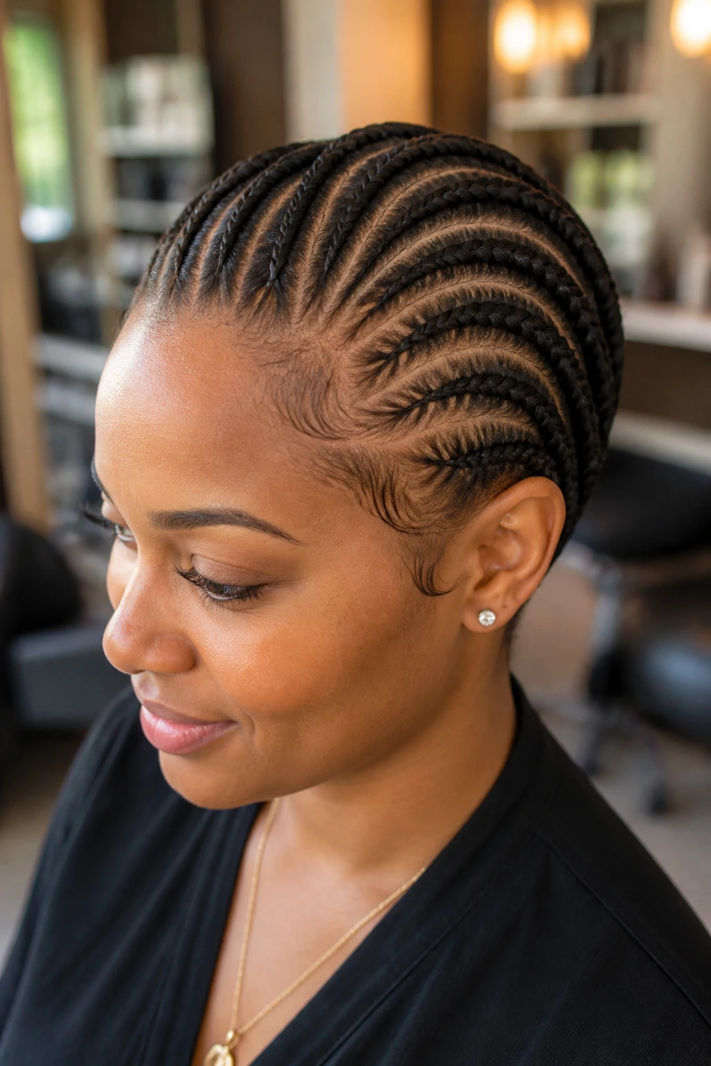Close-up of a real Black woman with curved cornrows following the head in a softly lit salon.