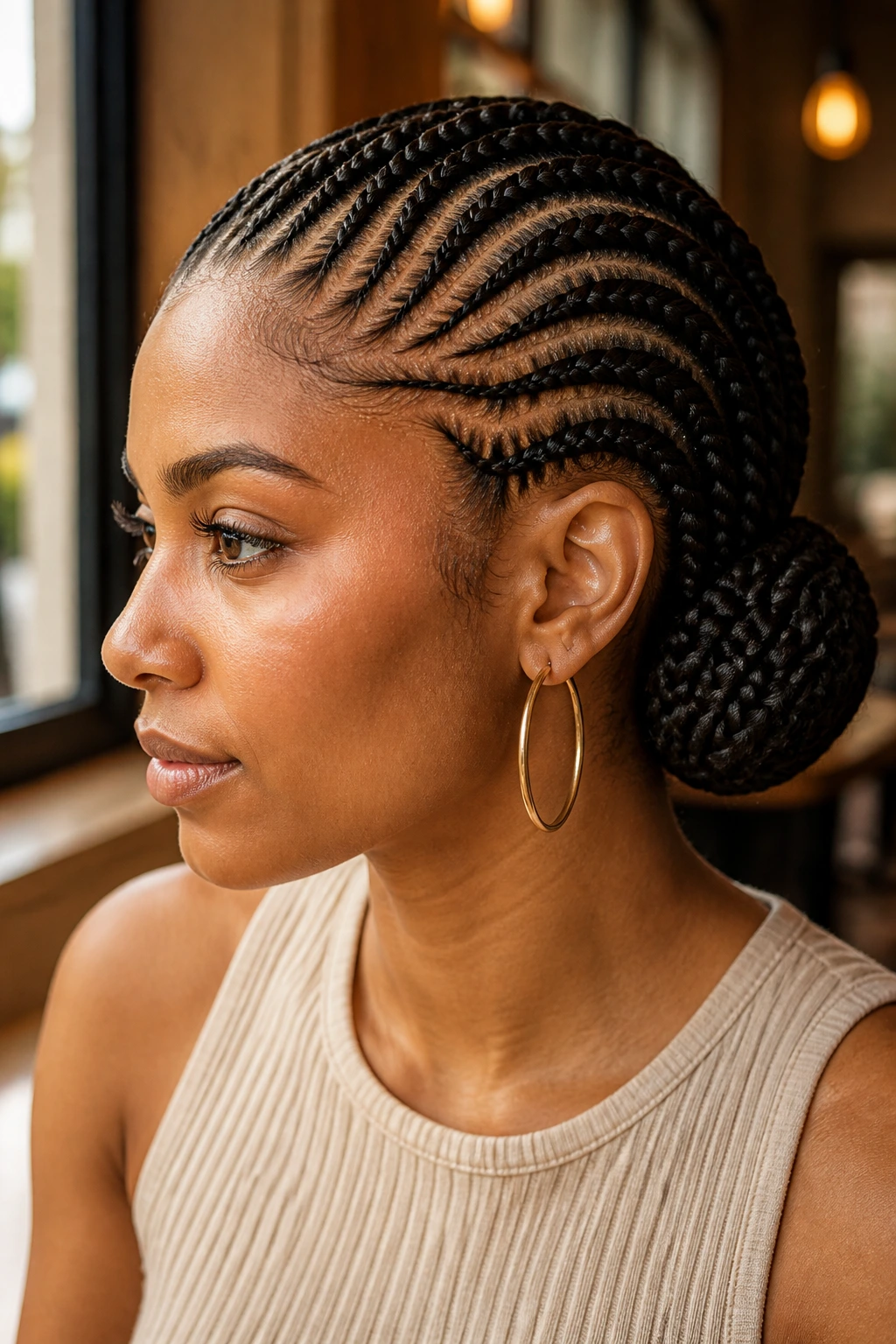Portrait of a real woman with curved side cornrows and a sculpted side bun.