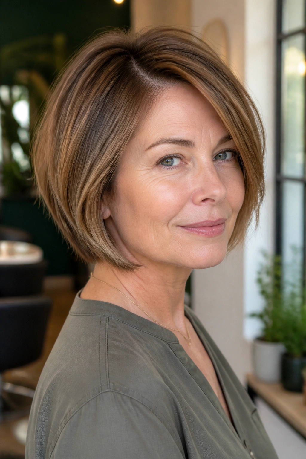 Portrait of a real woman with a curved crop and side part in a bright salon setting.