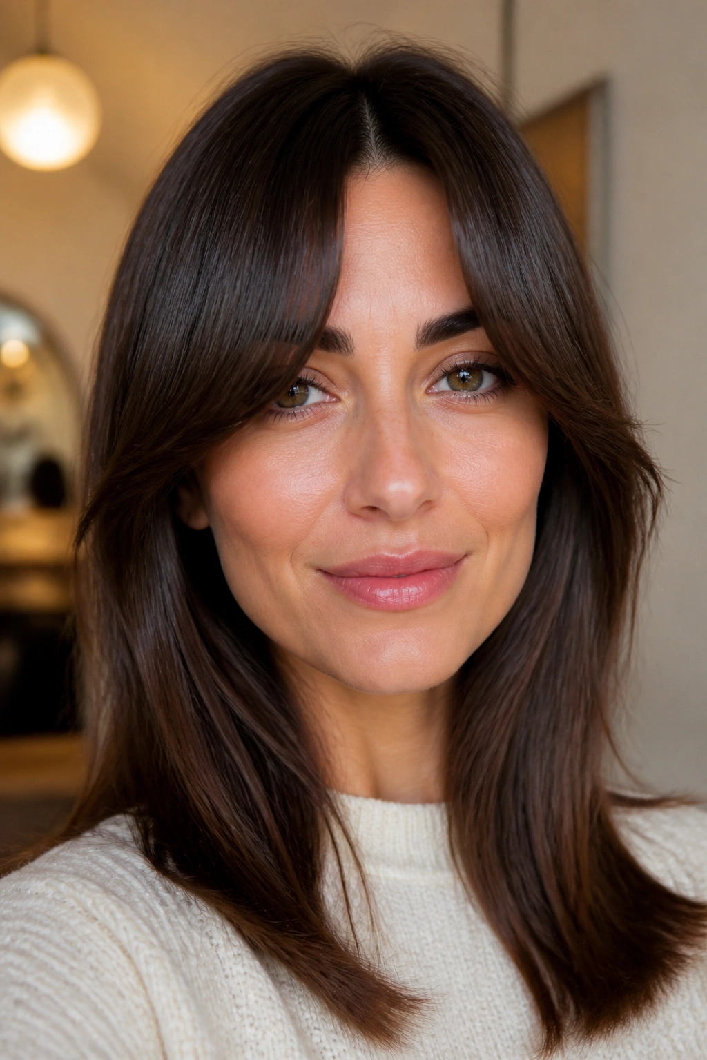Real woman with curved curtain bangs for a narrow face in warm indoor light