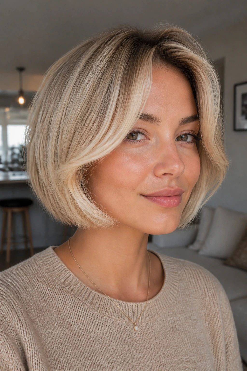 Close-up of a real woman with a curved curtain money piece on a short blonde bob.