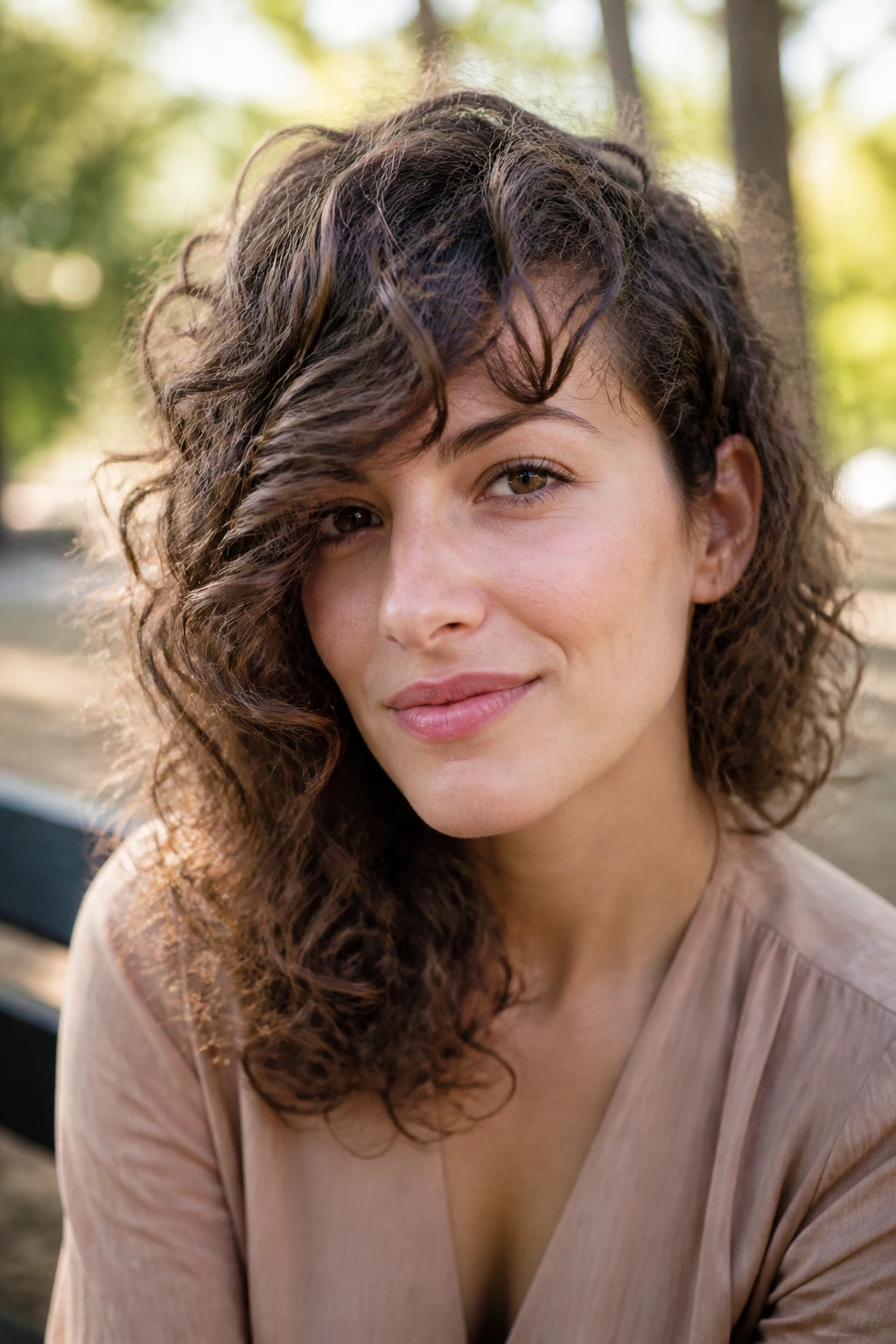 Real woman with curved diagonal bangs on wavy curls in a sunlit park