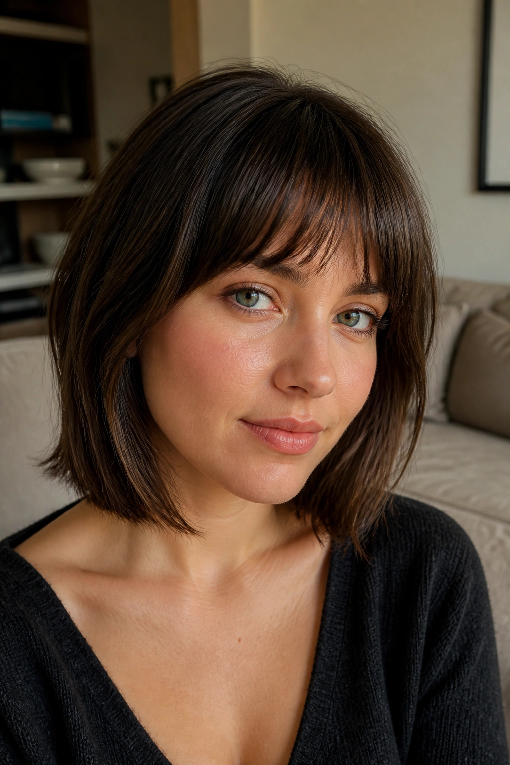 Close-up portrait of a woman with curved brow-skimming fringe