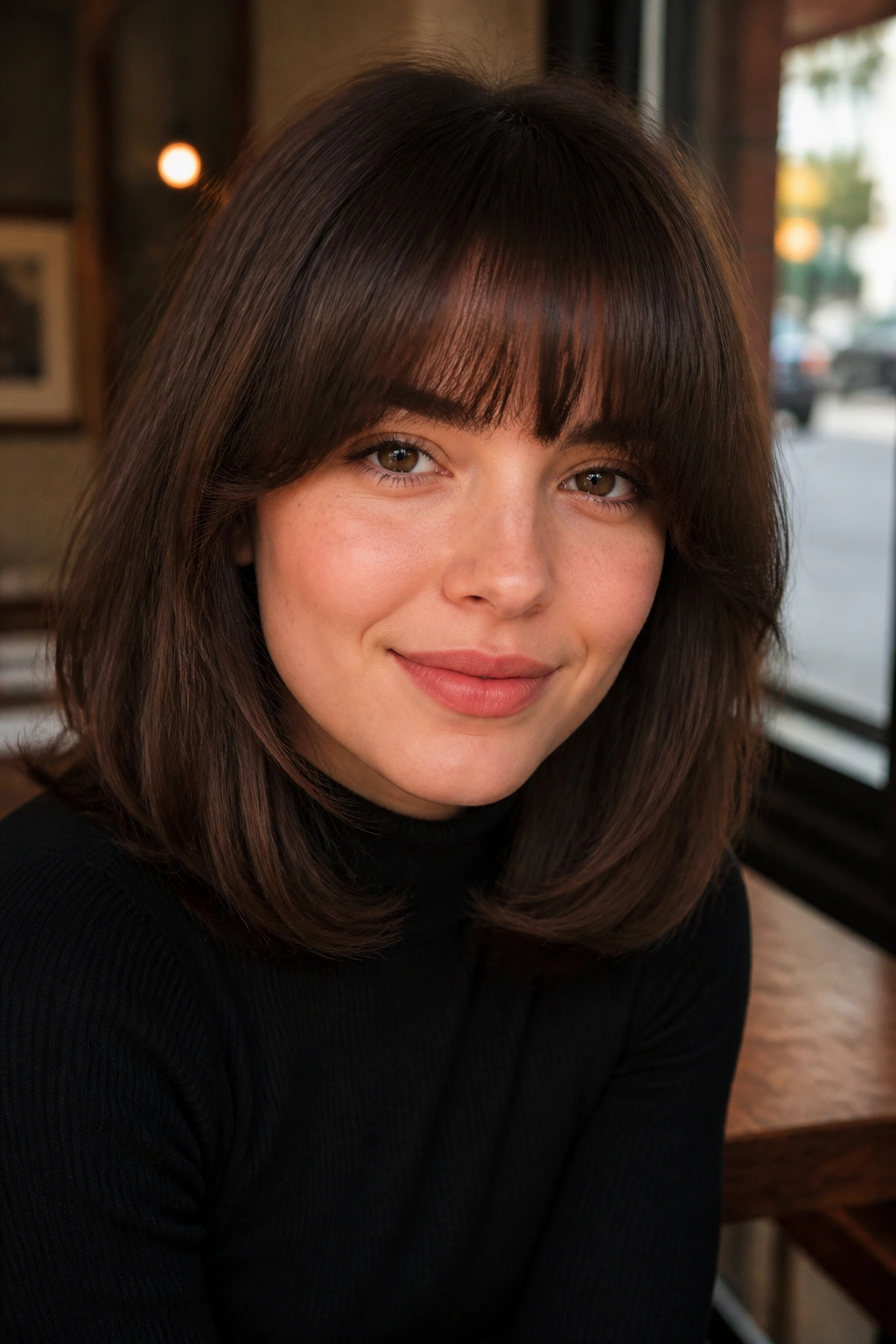 Real woman with curved full fringe and rounded corners in brunette hair