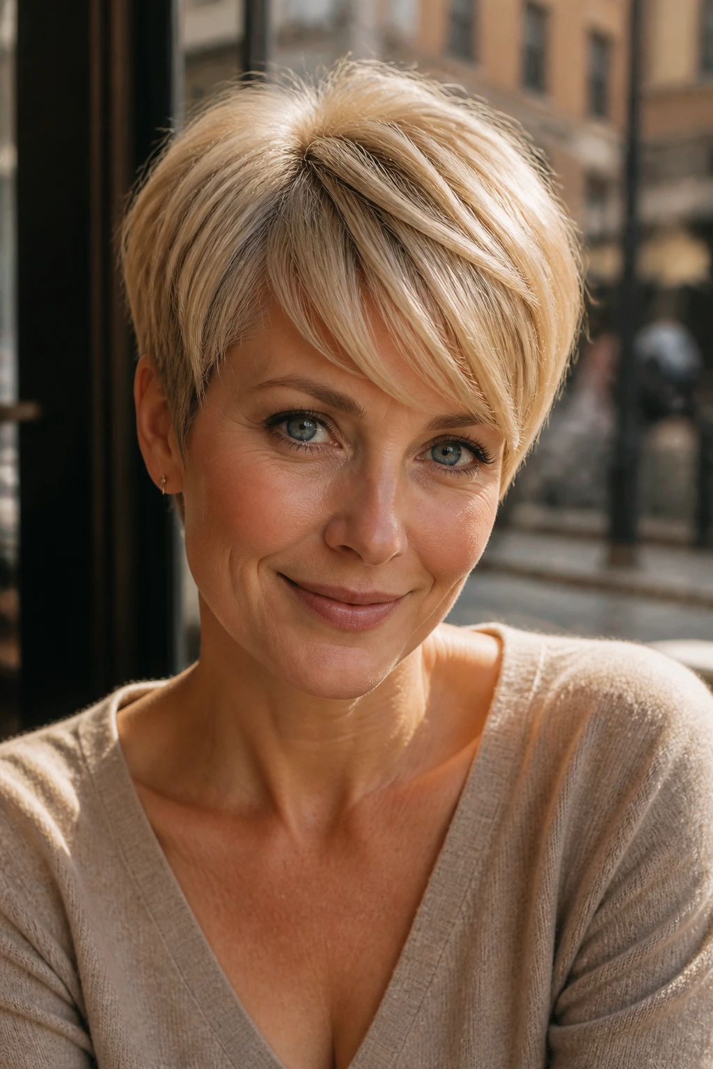 Close-up portrait of a real woman with curved fringe pixie and crown lift in warm cafe light.