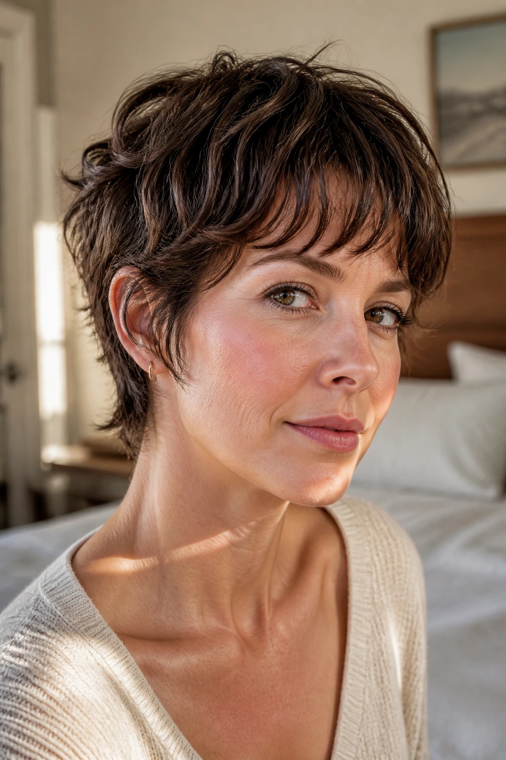 Close-up portrait of a real woman with Curved Fringe Pixie in warm window light.