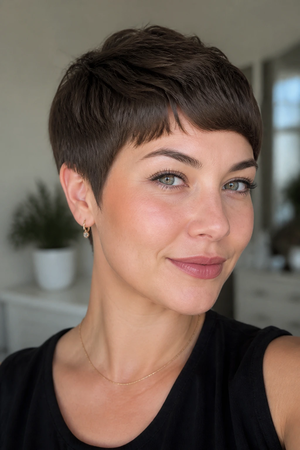 Close-up of a real woman with curved fringe pixie sitting in a softly lit room