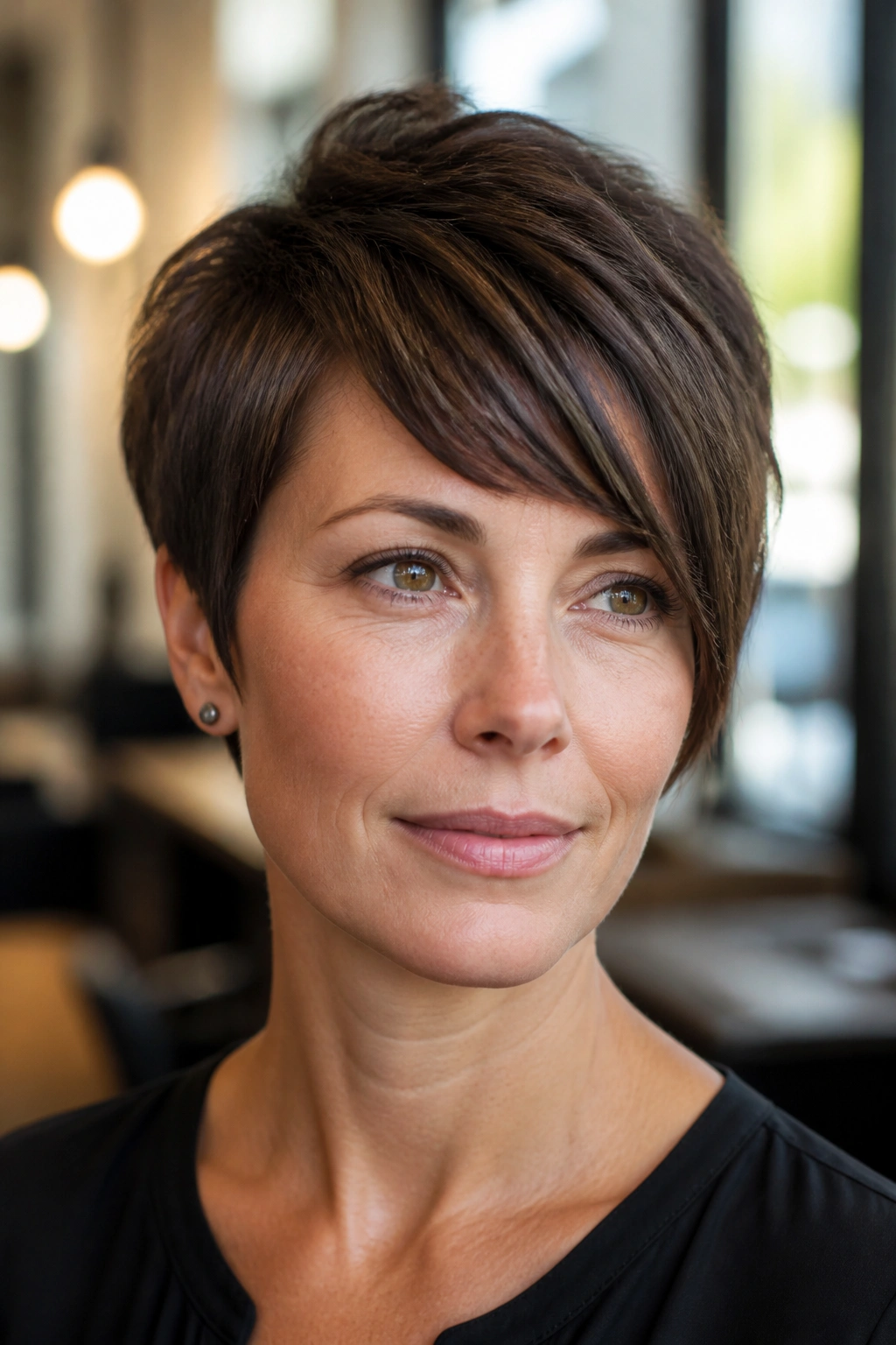 Close-up of a real woman with a curved fringe pixie in a sunlit salon