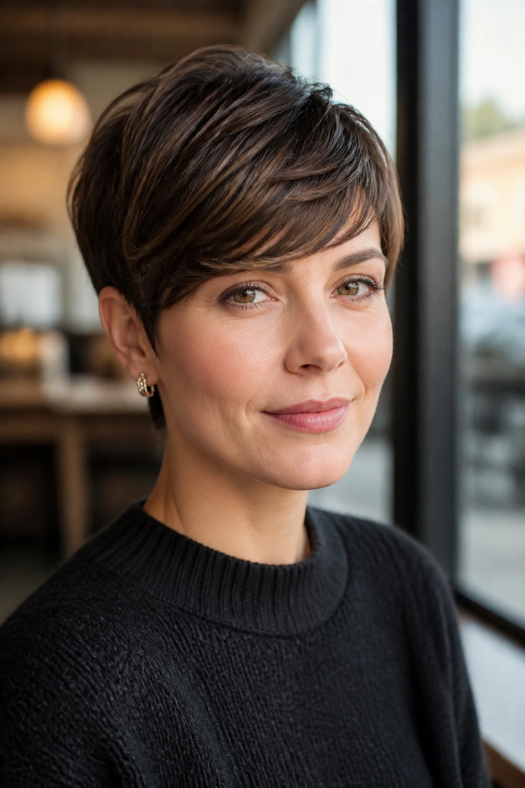 Close-up of a real woman with Curved Fringe Pixie and curved fringe