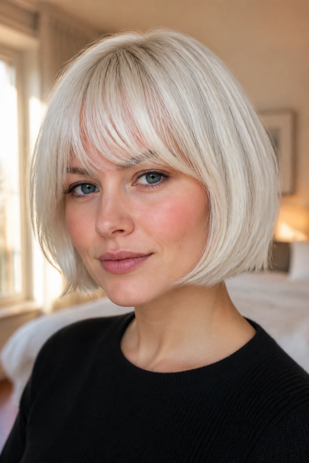 Close-up of a real woman with curved fringe and rounded platinum bob