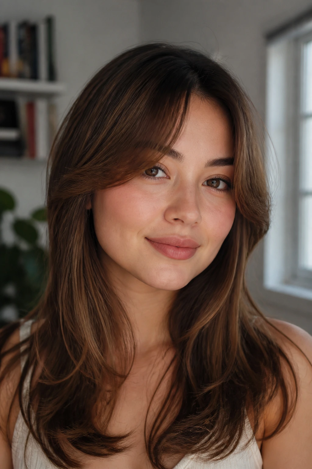 Close-up of a real woman with a curved arch fringe framing the face.