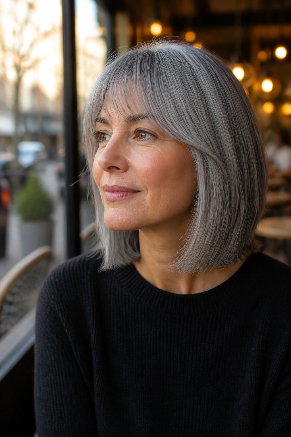 Close-up portrait of a real woman with curved fringe and sleek lob