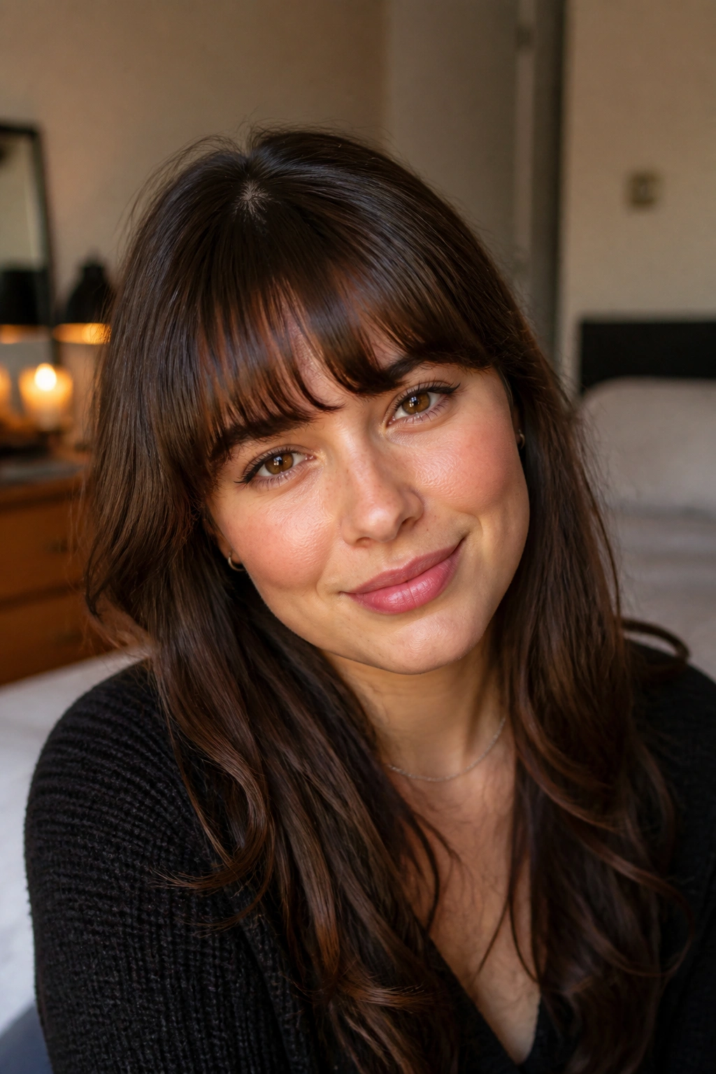 Real person with curved full bangs in soft indoor lighting.