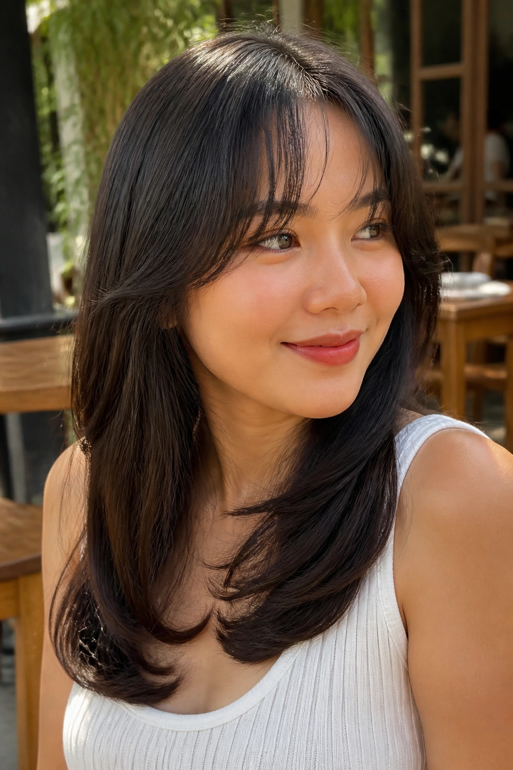 Real woman with curved half bangs and soft arch, outdoor cafe lighting